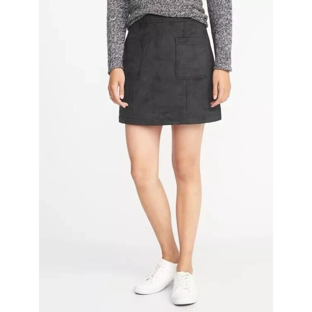 Old Navy Solid Black Faux Suede Utility A Line Mini Skirt Size 6